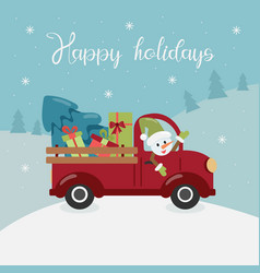 A Red Truck Is Carrying Christmas Tree And Gifts