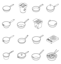 Wok Frying Pan Icons Set Outline