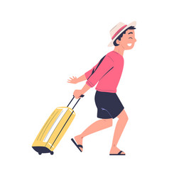 Teen Boy In Hat With Suitcase Going On Summer