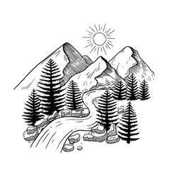 Mountain Landscape With Firs And River Sketch