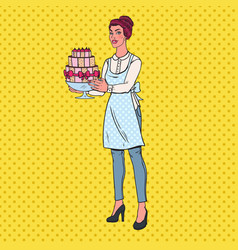 Pop Art Chef With Delicious Cake Housewife