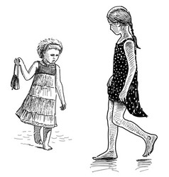 Hand Drawing Of Two Little Cute Girls In Summer