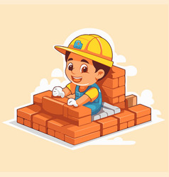 Cartoon Construction Worker Building Brick Wall