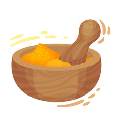 Powdered Dried Turmeric Root In Wooden Bowl