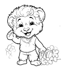 Cute Cartoon Lion With Flower - Black And White