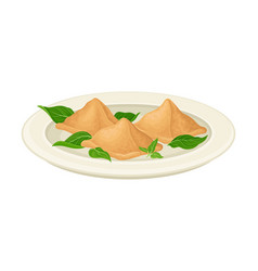 Dumplings Served On Plate With Greenery Side View