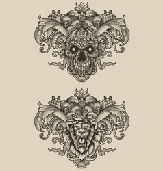 Set Skull And Lion With Engraving Style