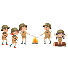 Scout Kids Cartoon Characters Around Bonfire