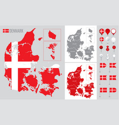 Denmark Map With Flag Globe And Icons On White