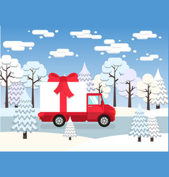 Red Truck Carries Among Winter Forest Huge Gift