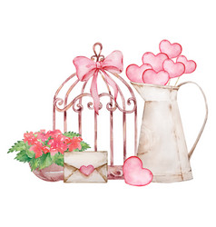 Watercolor Of A Vase With Hearts And Flowers