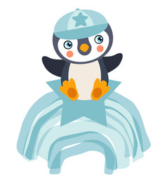 Cute Baby Boy Penguin On Star And Blue Rainbow