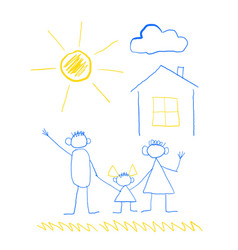 Family Children Drawing Style With Sun And House