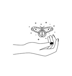 Magic Hands With Night Moth In Line Art Style