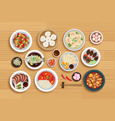 Chinese Food On Top View Wooden Background