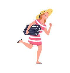 Woman Character In Hat With Suitcase Running Going