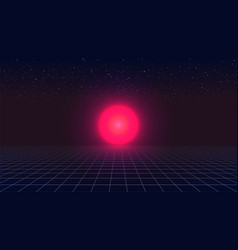 Synthwave Sunset Virtual 3d Scene Red Glowing Sun