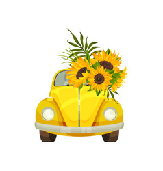 Yellow Car With Sunflower On Windshield