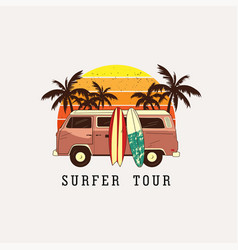 Vintage Retro Surf Van With Palm Trees On Back