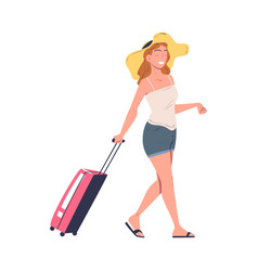 Woman Character In Hat With Suitcase Going On