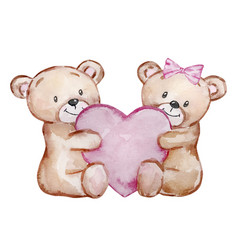 Watercolor Two Cute Teddy Bear With Heart