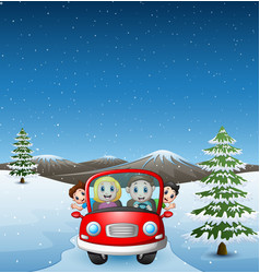 Happy Family Riding Car In The Snowing Hill