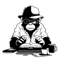 Chimpanzee With A Book And A Cup Of Coffee