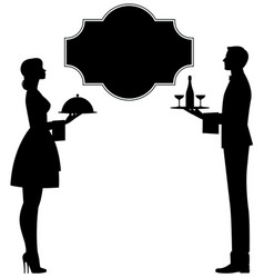 Waiter And Waitress With Trays In Hands Silhouette