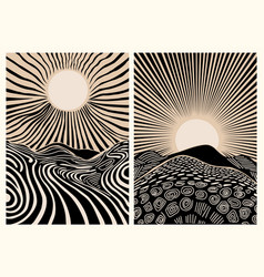 Abstract Art Set With Sun And Mountains