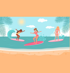 Women In Swimsuits On Surfboards On The Beach