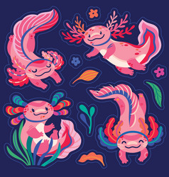 Sticker Set Of Four Cute Pink Cartoon Axolotls