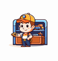 Cute Cartoon Builder Worker On White Background