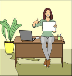 Girl Sitting On Table Holding A Blank White