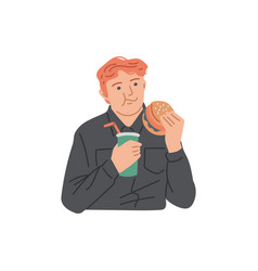 Man Is Eating A Hamburger With Soda Fast Food