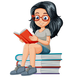 Cartoon Of A Happy Woman Reading On Stack