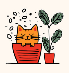 Cute Cartoon Cat Sleeping In Flower Pot Near Home