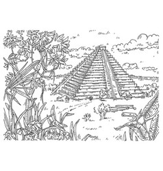 Mayan Pyramid And Jungle Vintage Engraving Black