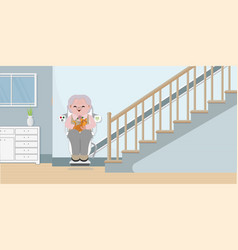 Elderly Woman Using Chair Lift For Stairs