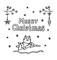 Merry Christmas Card With Cat And Christmas Tree