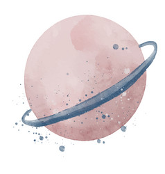 Pink Watercolor Planet With Ring Hand Drawn