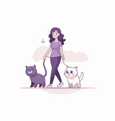 Young Woman Walking With Her Cats In A Flat Style