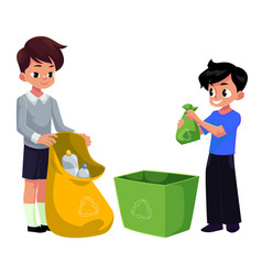 Kids boys collect plastic bottles into garbage Vector Image