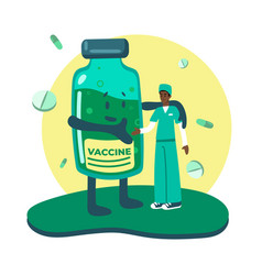 Doctor Standing Near Big Bottle With Vaccine