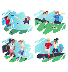 Female Players Play Soccer Or Football Set Of Flat