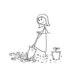 Cartoon Of Gardener Woman Digging A Hole For Plant