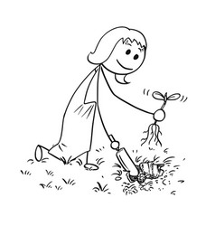 Cartoon Of Gardener Woman Digging A Hole For Plant