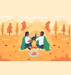 Family Camping In Autumn Flat Color