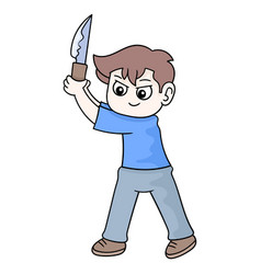 Boy Is Standing Holding A Sharp Knife To Slash