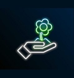 Glowing Neon Line Hand Holding Flower Icon