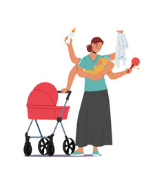 Mother With Many Arms Hold Newborn Baby Stroller